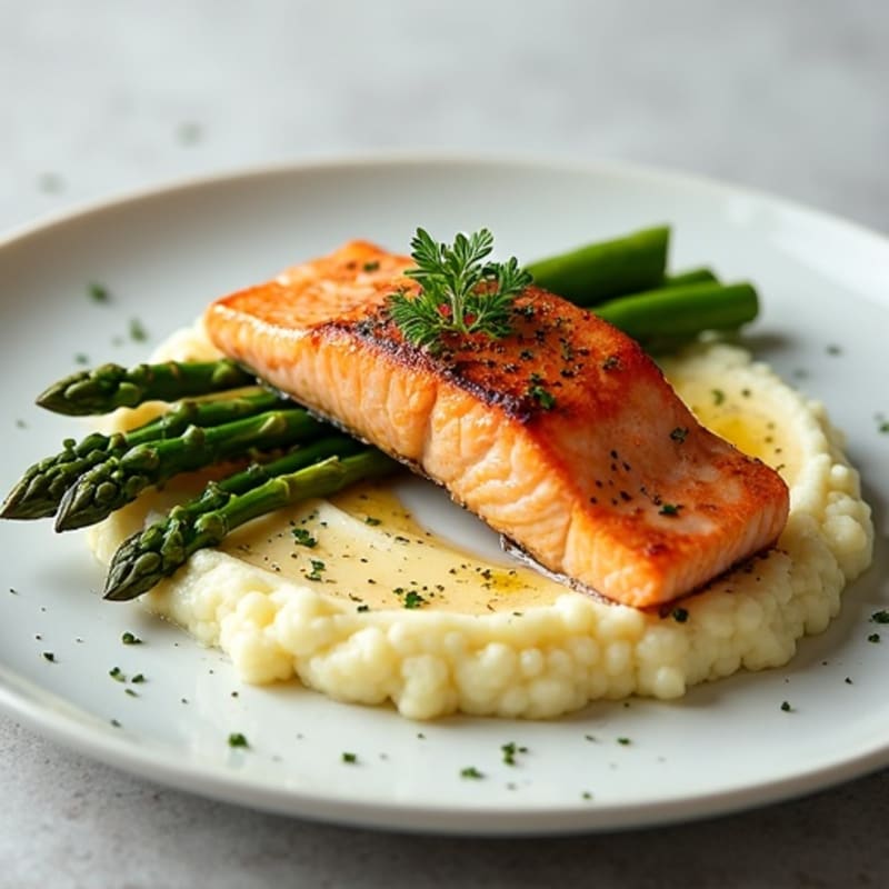 Seared Salmon with Steamed Asparagus and Cauliflower Mash
