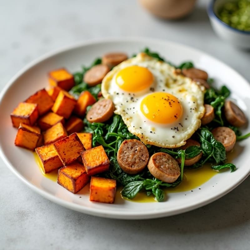 Egg White and Turkey Sausage Scramble with Spinach and Roasted Sweet Potato