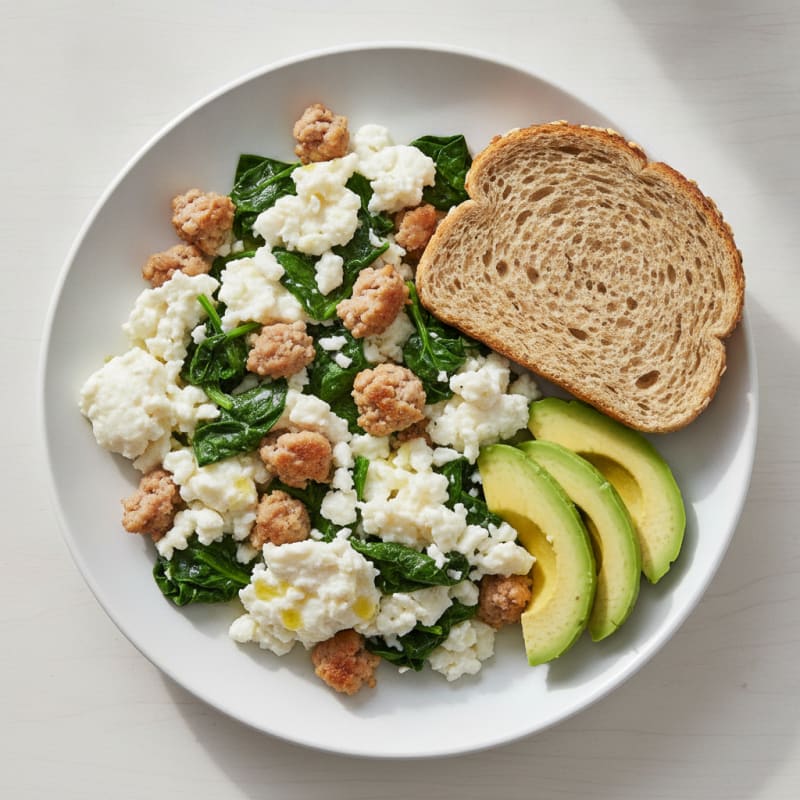 Egg White and Turkey Sausage Scramble with Sautéed Spinach