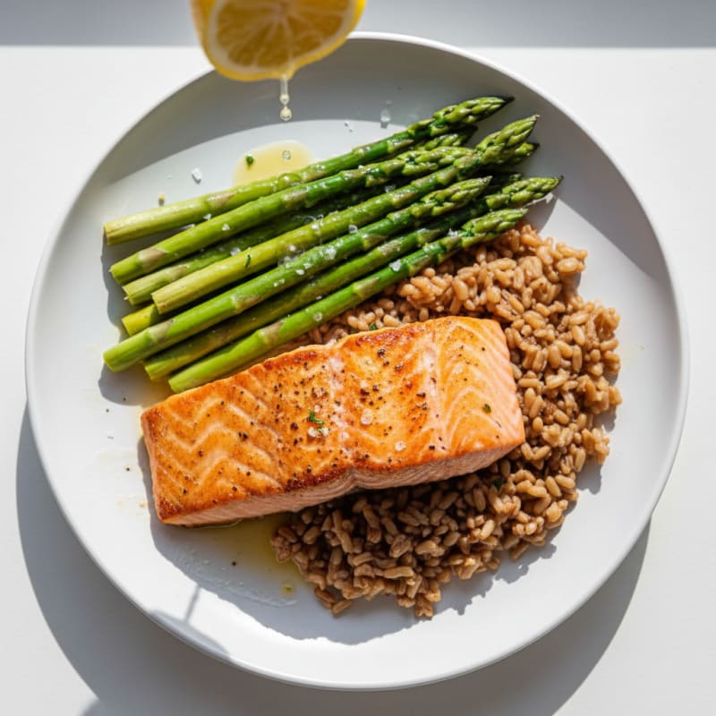 Seared Salmon with Steamed Asparagus and Brown Rice