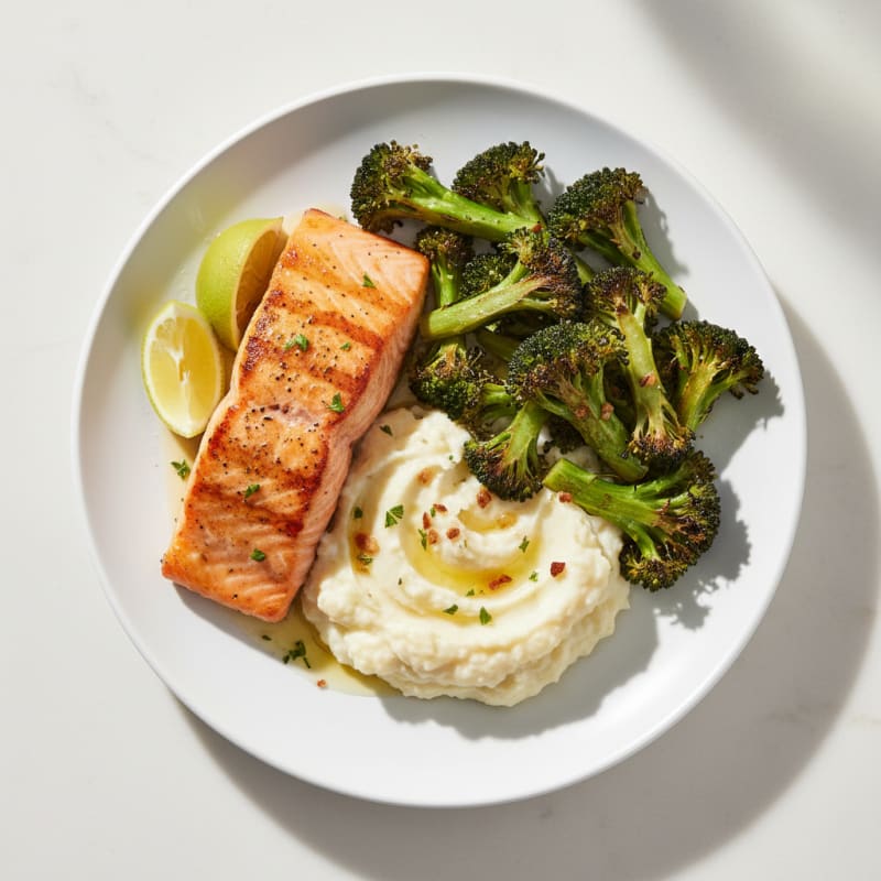 Seared Salmon with Roasted Broccoli and Garlic Mashed Cauliflower