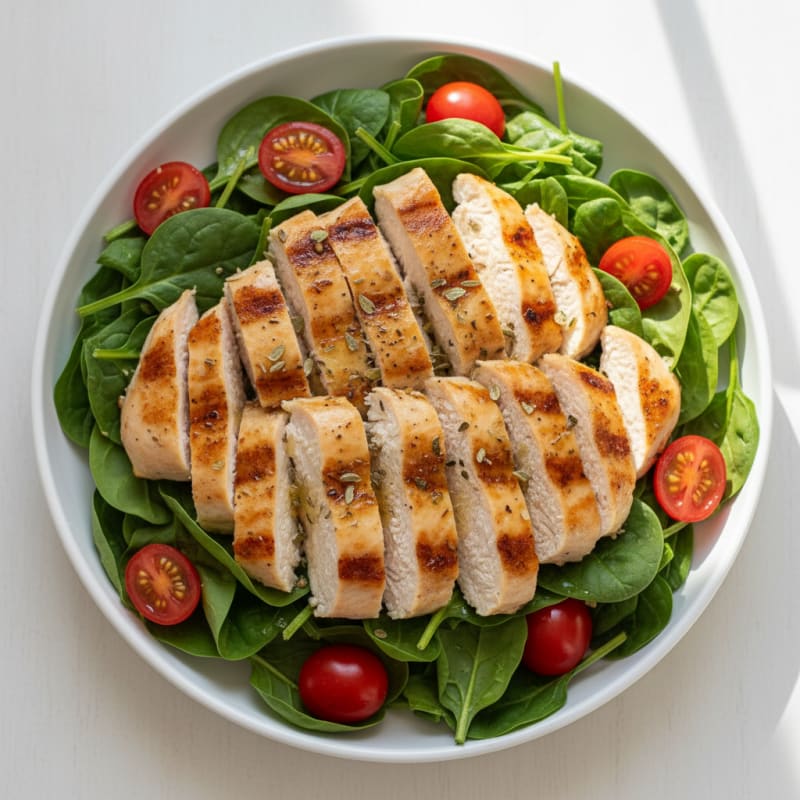 Grilled Chicken Breast over Spinach Salad with Cherry Tomatoes