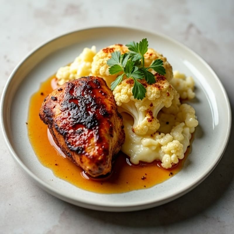Crispy Pan-Seared Chicken Thighs with Sweet & Salty Balsamic Glaze and Creamy Lemon-Garlic Cauliflower Puree