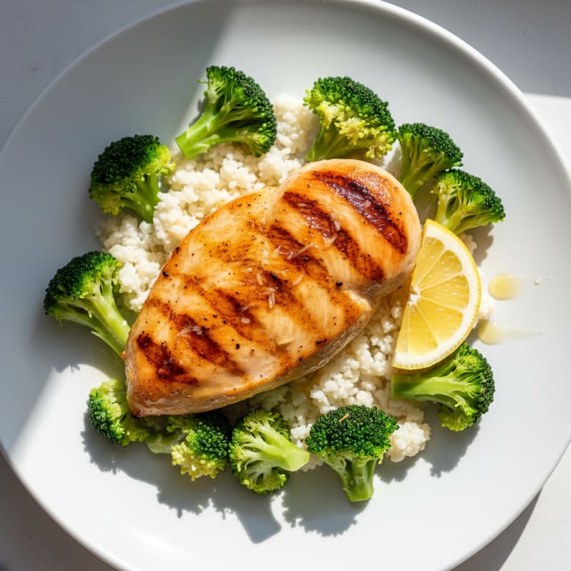 Grilled Chicken Breast with Steamed Broccoli and Cauliflower Rice