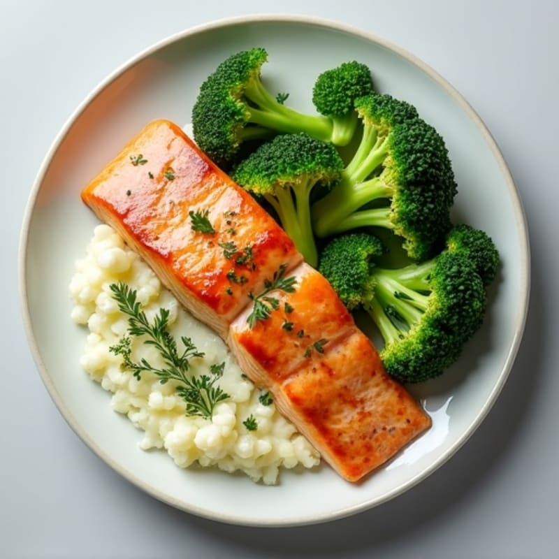 Seared Salmon with Steamed Broccoli and Herb-Cauliflower Mash