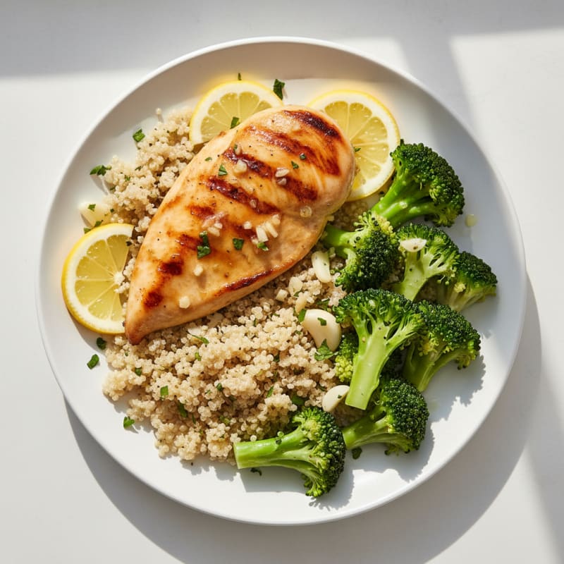Grilled Lemon Garlic Chicken Breast with Quinoa and Steamed Broccoli