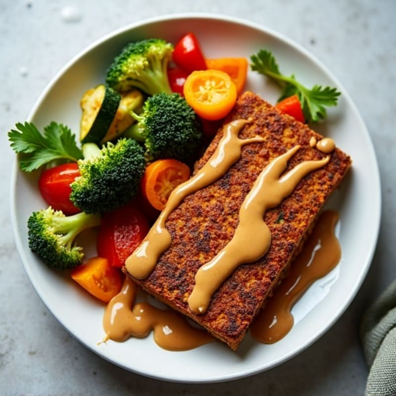 Crispy Tempeh with Roasted Vegetables and Creamy Peanut Sauce