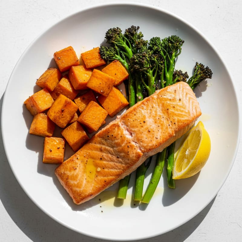 Seared Salmon Fillet with Roasted Sweet Potato and Broccolini