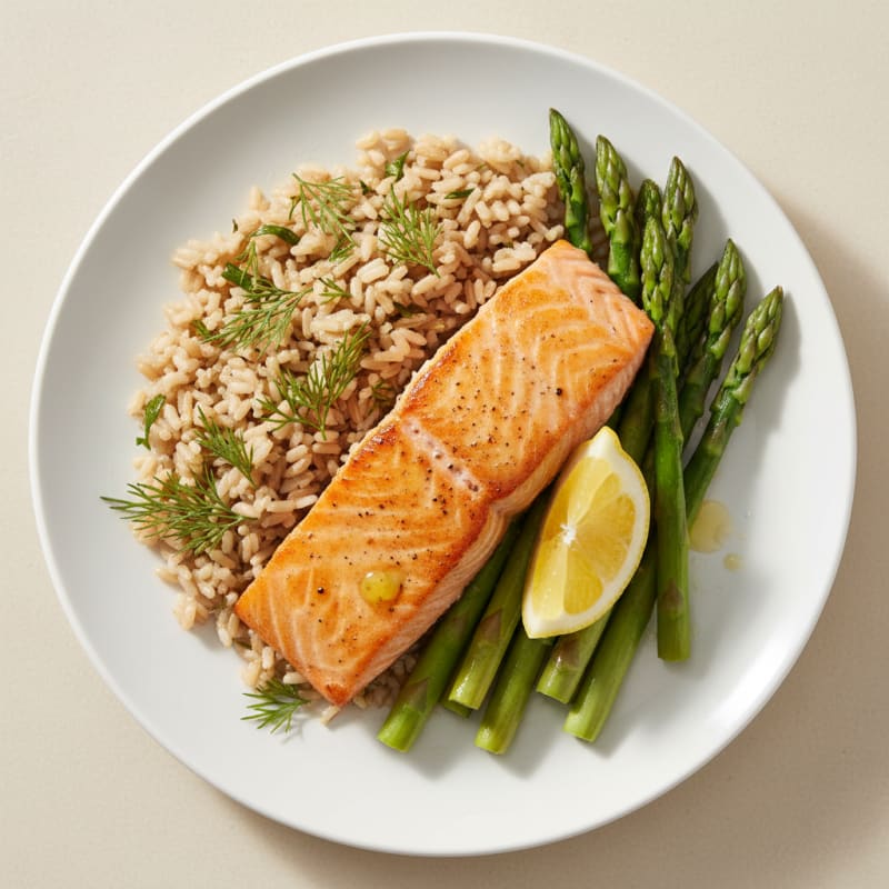 Pan-Seared Salmon with Herbed Brown Rice and Steamed Asparagus