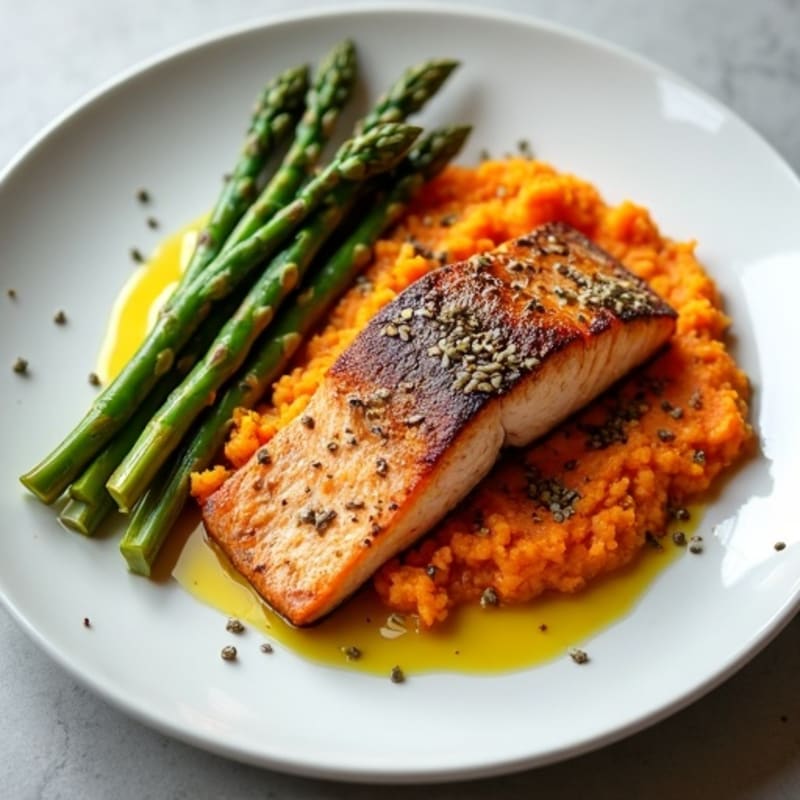 Seared Salmon Fillet with Roasted Asparagus and Sweet Potato Mash