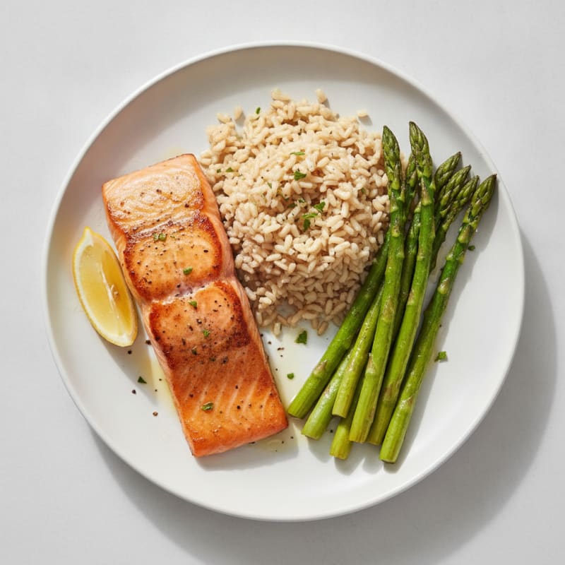 Seared Salmon Fillet with Roasted Asparagus and Brown Rice