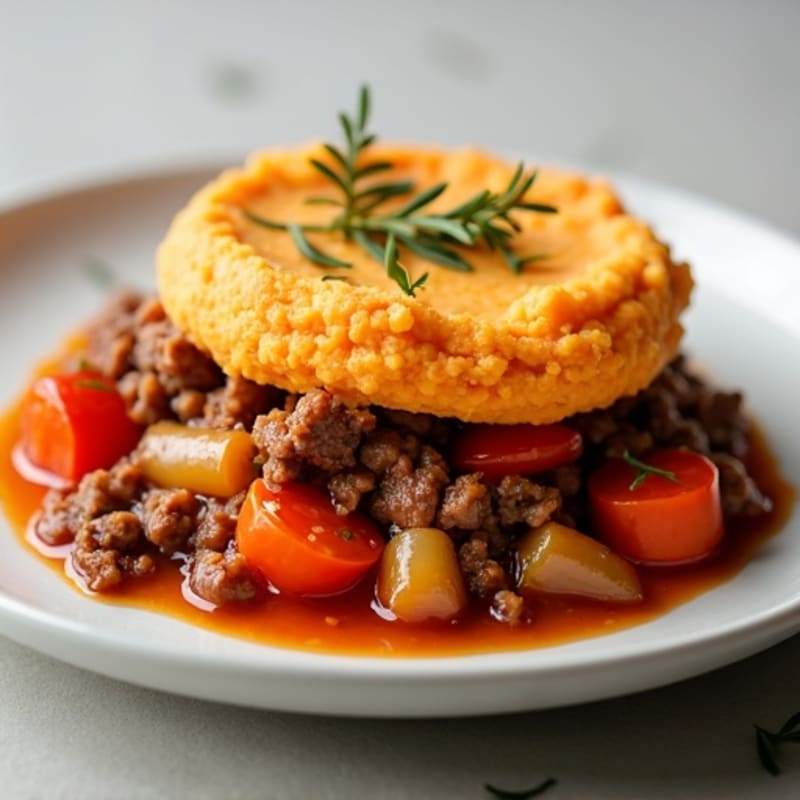 Hearty Lean Ground Beef and Roasted Vegetable Pie with Creamy Sweet Potato Mash