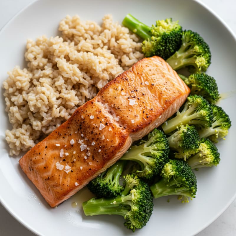 Seared Salmon with Steamed Broccoli and Brown Rice