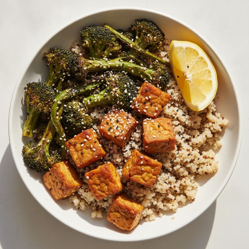 Crispy Tempeh Power Bowl with Quinoa and Roasted Broccoli