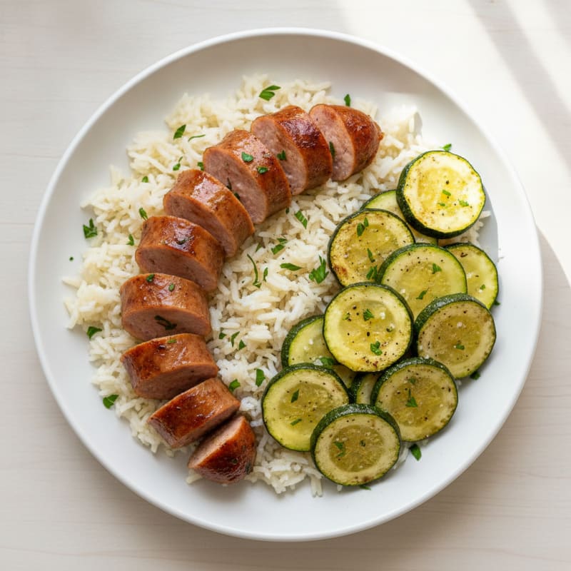 Chicken Apple Sausage with Roasted Zucchini and Rice