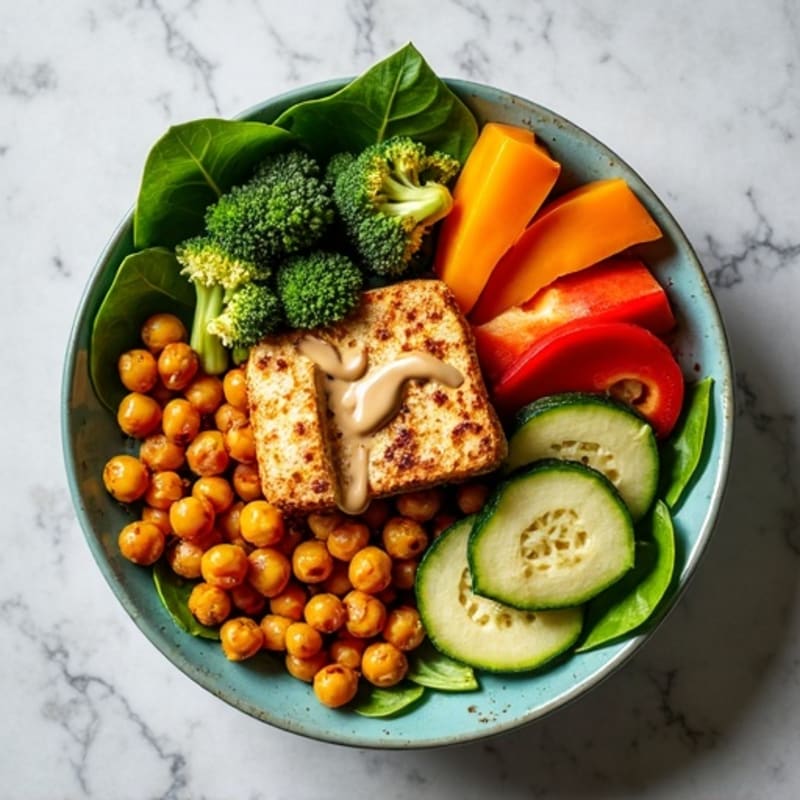 Creamy Tahini Roasted Vegetable & Crispy Chickpea Buddha Bowl