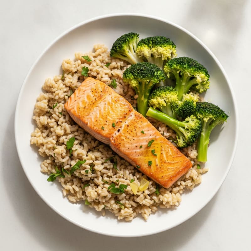 Seared Salmon with Steamed Broccoli and Herb Rice