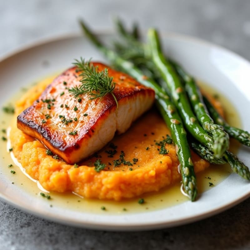 Seared Salmon with Roasted Asparagus and Sweet Potato Mash