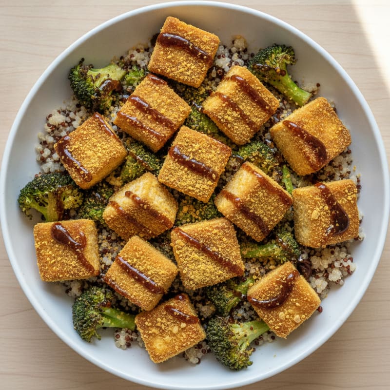 Crispy Baked Tofu with Quinoa and Roasted Broccoli
