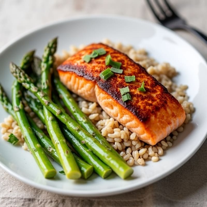 Seared Salmon with Steamed Asparagus and Brown Rice