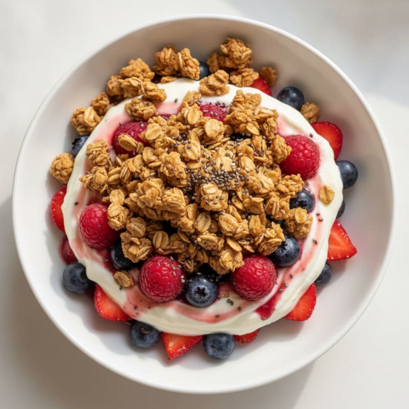 Silky Greek Yogurt Parfait with Protein Granola and Mixed Berries
