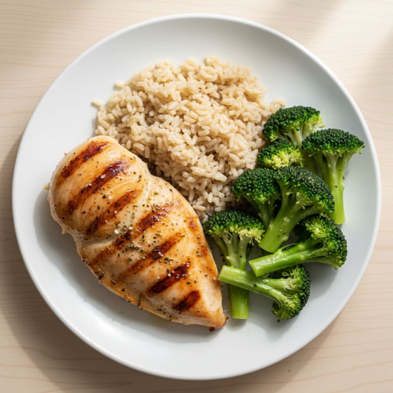Seared Chicken Breast with Steamed Broccoli and Brown Rice