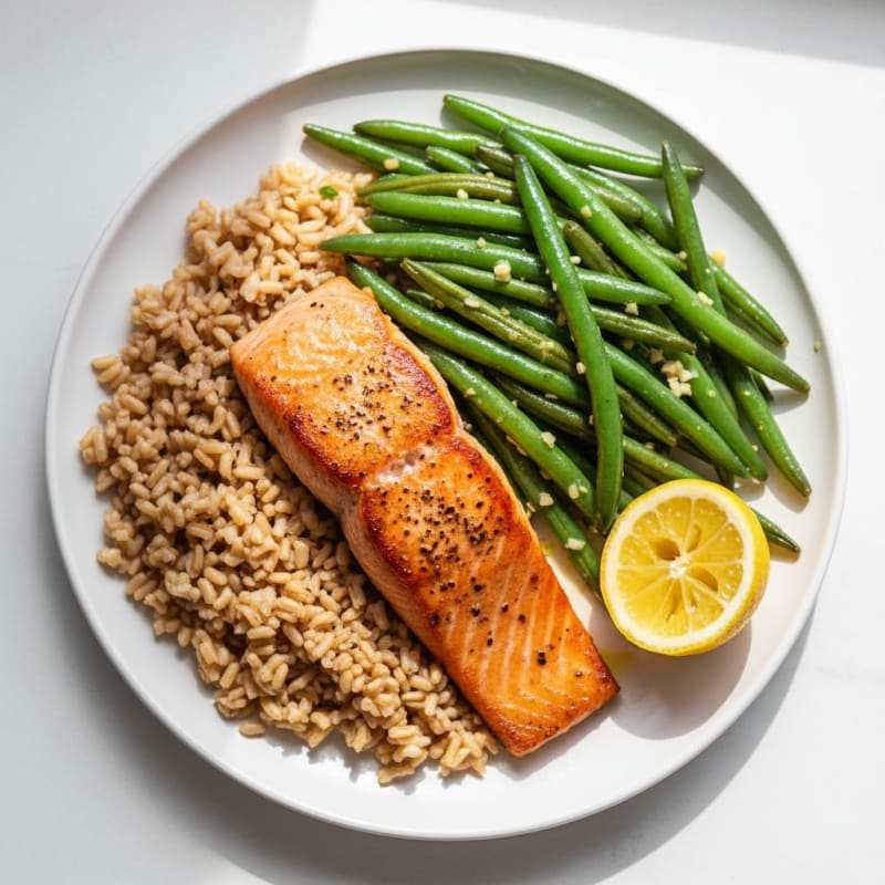 Seared Salmon Fillet with Garlic Green Beans and Brown Rice