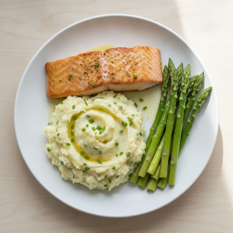 Seared Salmon with Steamed Asparagus and Garlic Mashed Potatoes