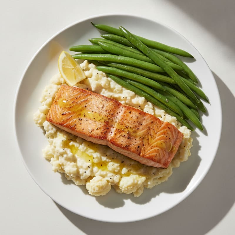 Seared Salmon with Steamed Green Beans and Garlic Mashed Cauliflower
