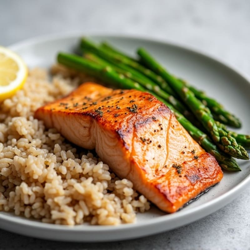 Seared Salmon Filet with Steamed Asparagus and Brown Rice