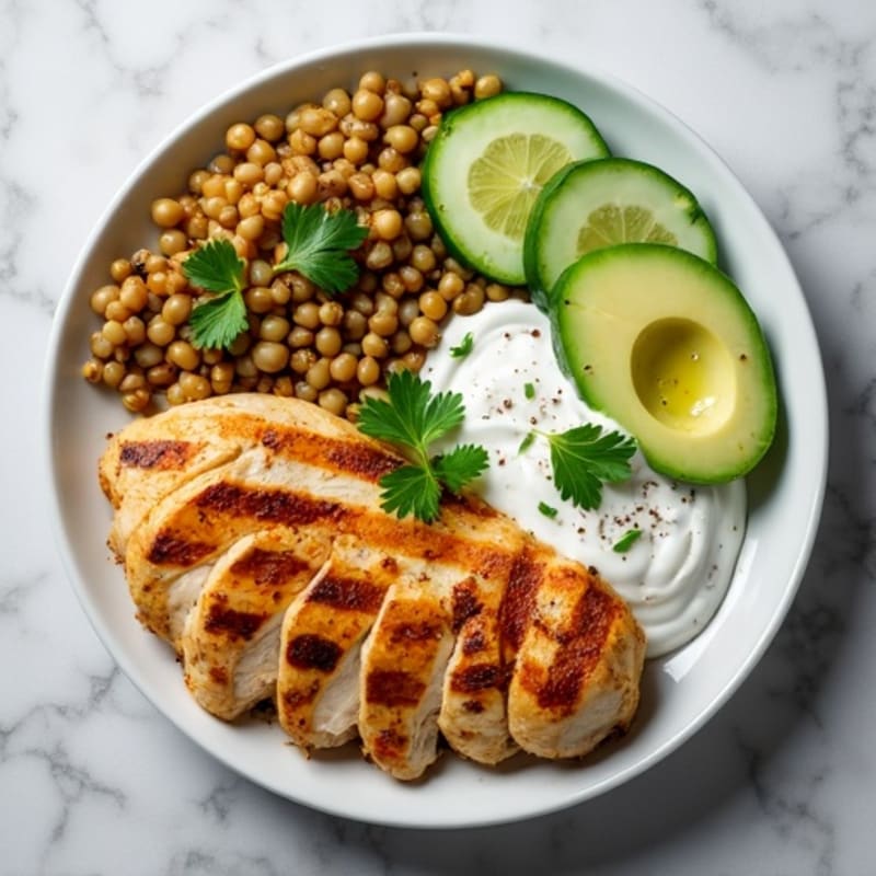 Grilled Chicken Breast with Lentil Salad and Cucumber Yogurt