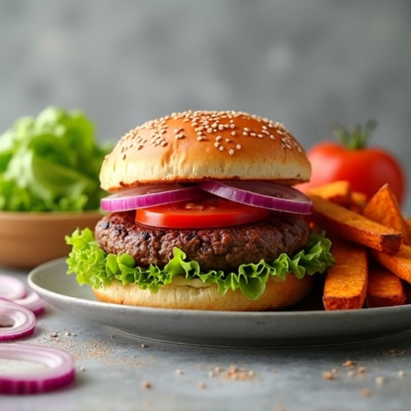 Lean Beef Burger with Crispy Baked Sweet Potato Fries