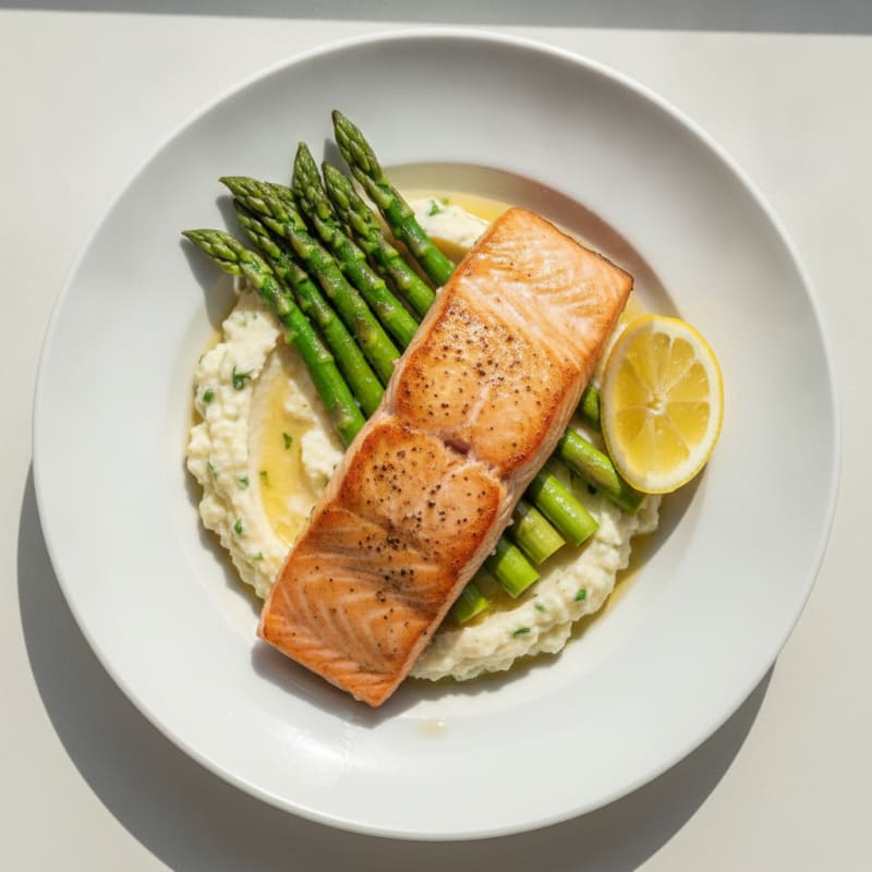 Seared Salmon with Steamed Asparagus and Cauliflower Mash