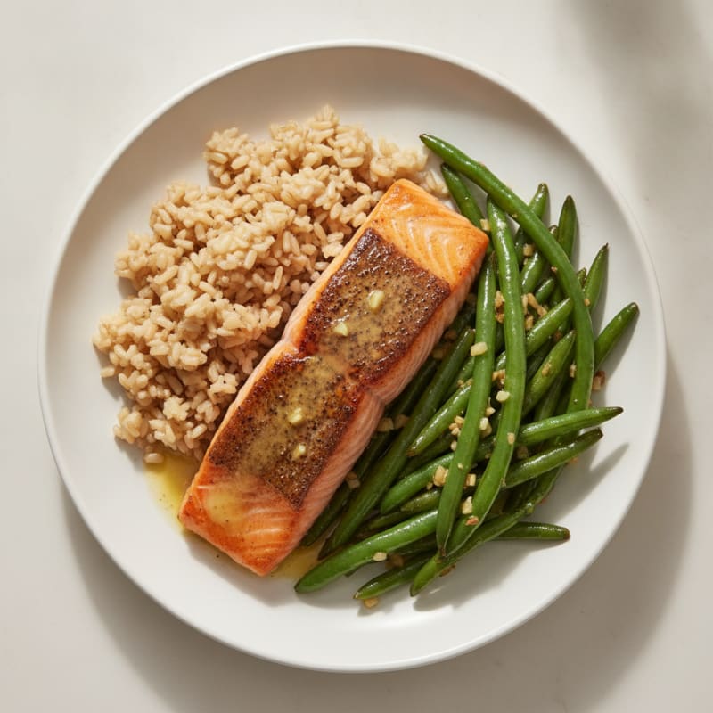 Seared Salmon with Garlic Green Beans and Brown Rice