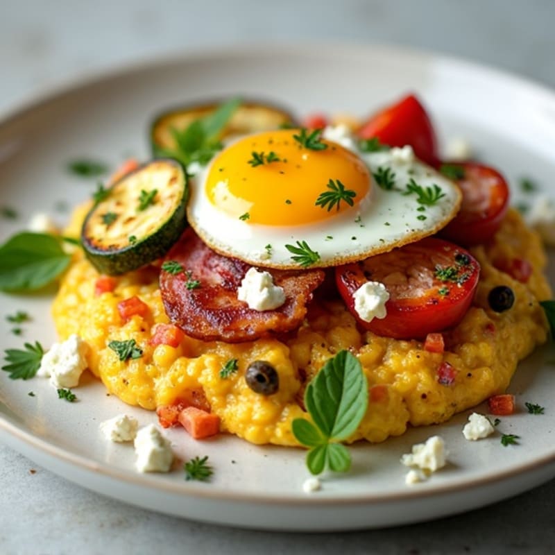 Fluffy Herb-Loaded Egg Scramble with Roasted Vegetables