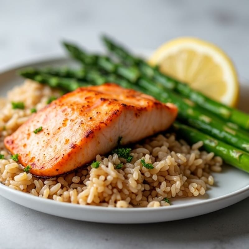 Seared Salmon with Steamed Asparagus and Brown Rice