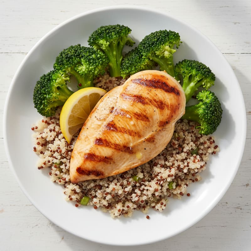 Grilled Chicken Breast with Steamed Broccoli and Quinoa