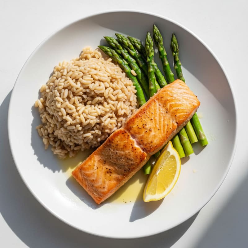 Seared Salmon Fillet with Steamed Asparagus and Brown Rice
