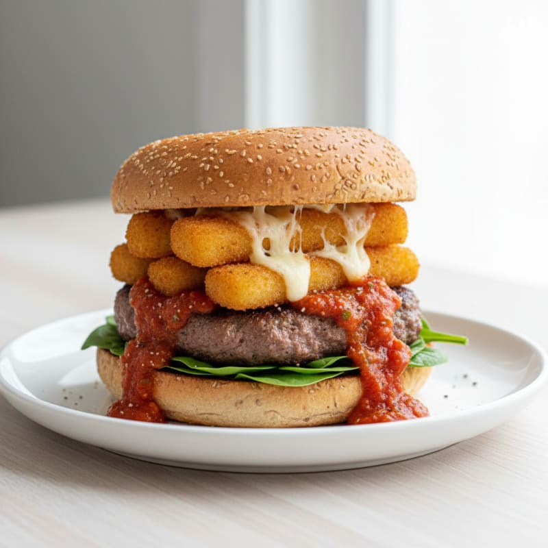 Mozzarella Stick Beef Burger with Marinara