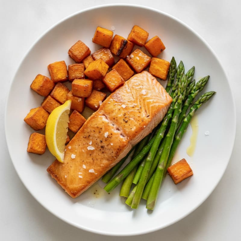 Seared Salmon Fillet with Roasted Sweet Potato and Asparagus