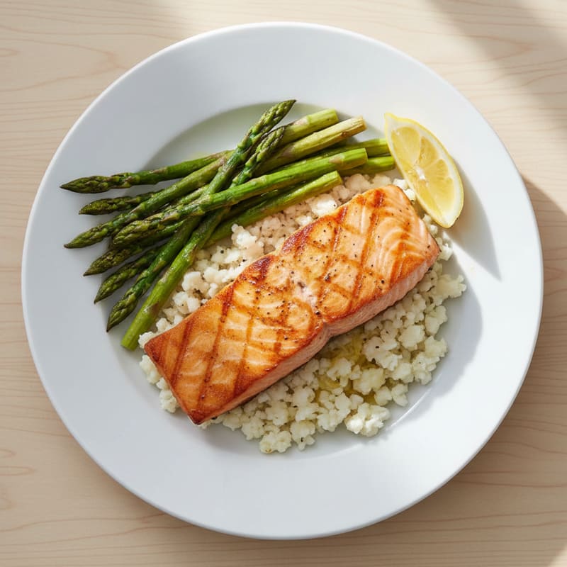 Seared Salmon with Roasted Asparagus and Cauliflower Rice
