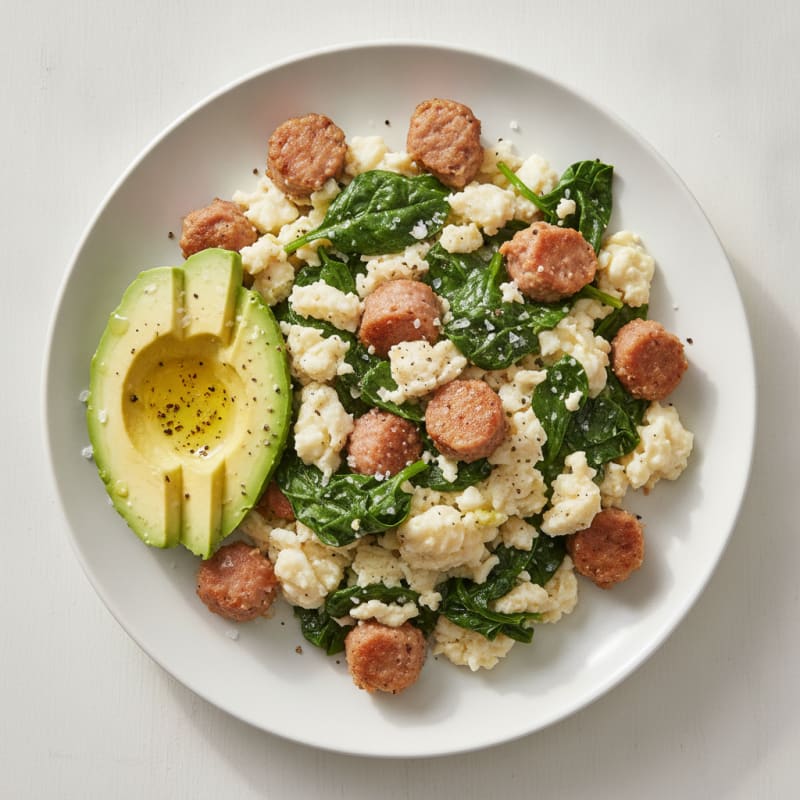 Egg White and Turkey Sausage Scramble with Sautéed Spinach