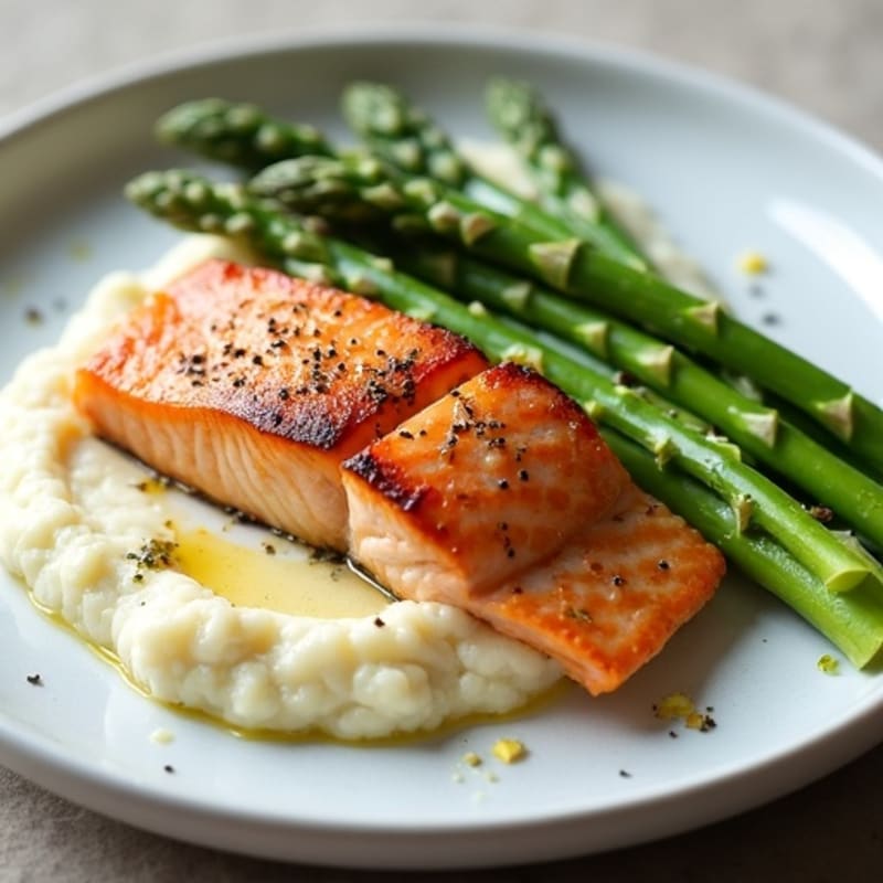 Seared Salmon with Steamed Asparagus and Cauliflower Mash