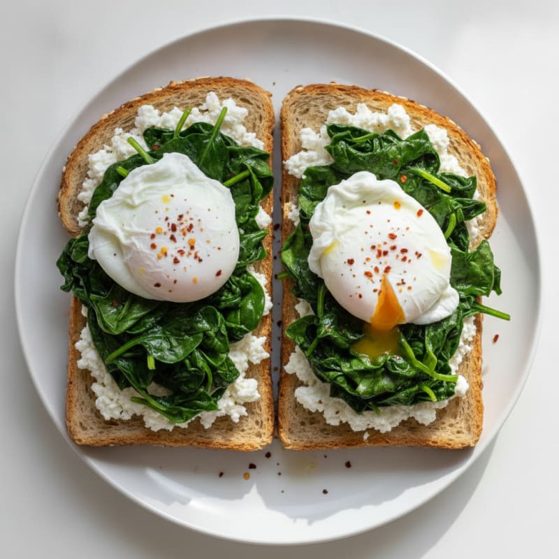 Egg and Cottage Cheese Toast with Sautéed Spinach