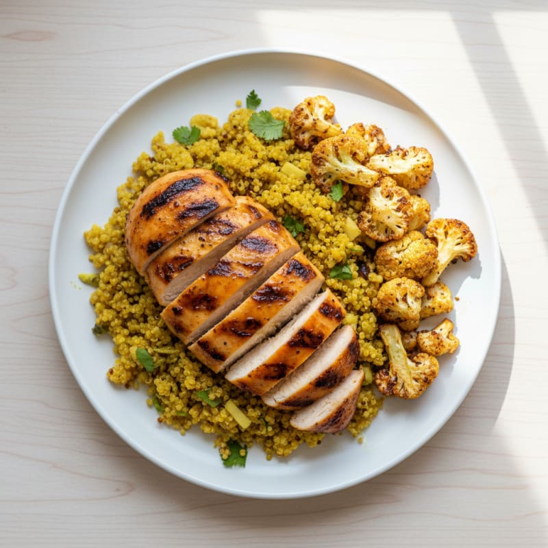 Grilled Chicken with Spiced Quinoa and Roasted Cauliflower