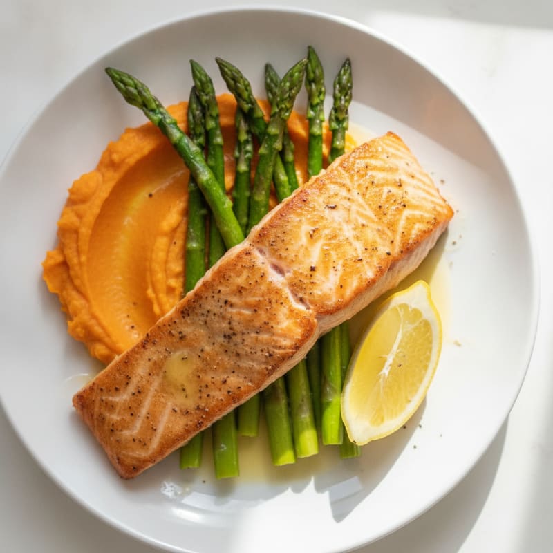 Seared Salmon with Roasted Asparagus and Sweet Potato Mash