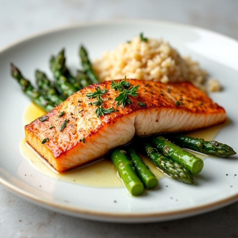 Seared Salmon with Steamed Asparagus and Brown Rice