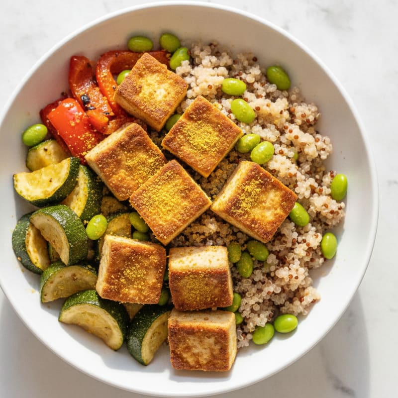 Grilled Tofu and Quinoa Bowl with Edamame and Roasted Vegetables