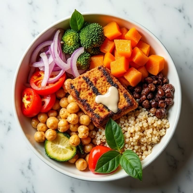 Roasted Vegetable and Crispy Chickpea Quinoa Bowl with Creamy Tahini