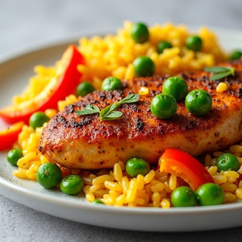 Spiced Chicken and Yellow Rice with Bell Peppers and Peas